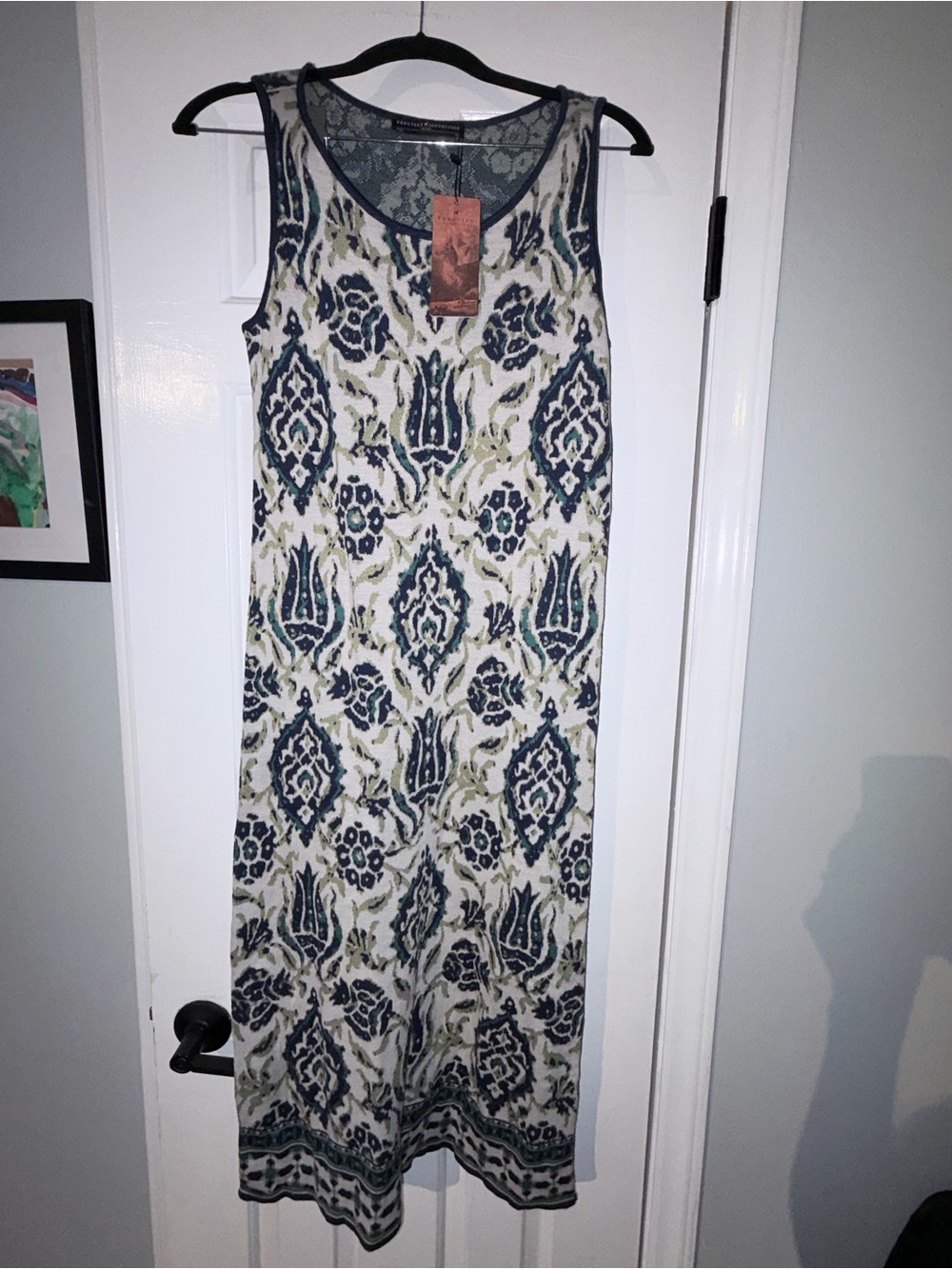 Peruvian Connection 100% cotton Blue, Cream & Sage Green Sleeveless Maxi Dress